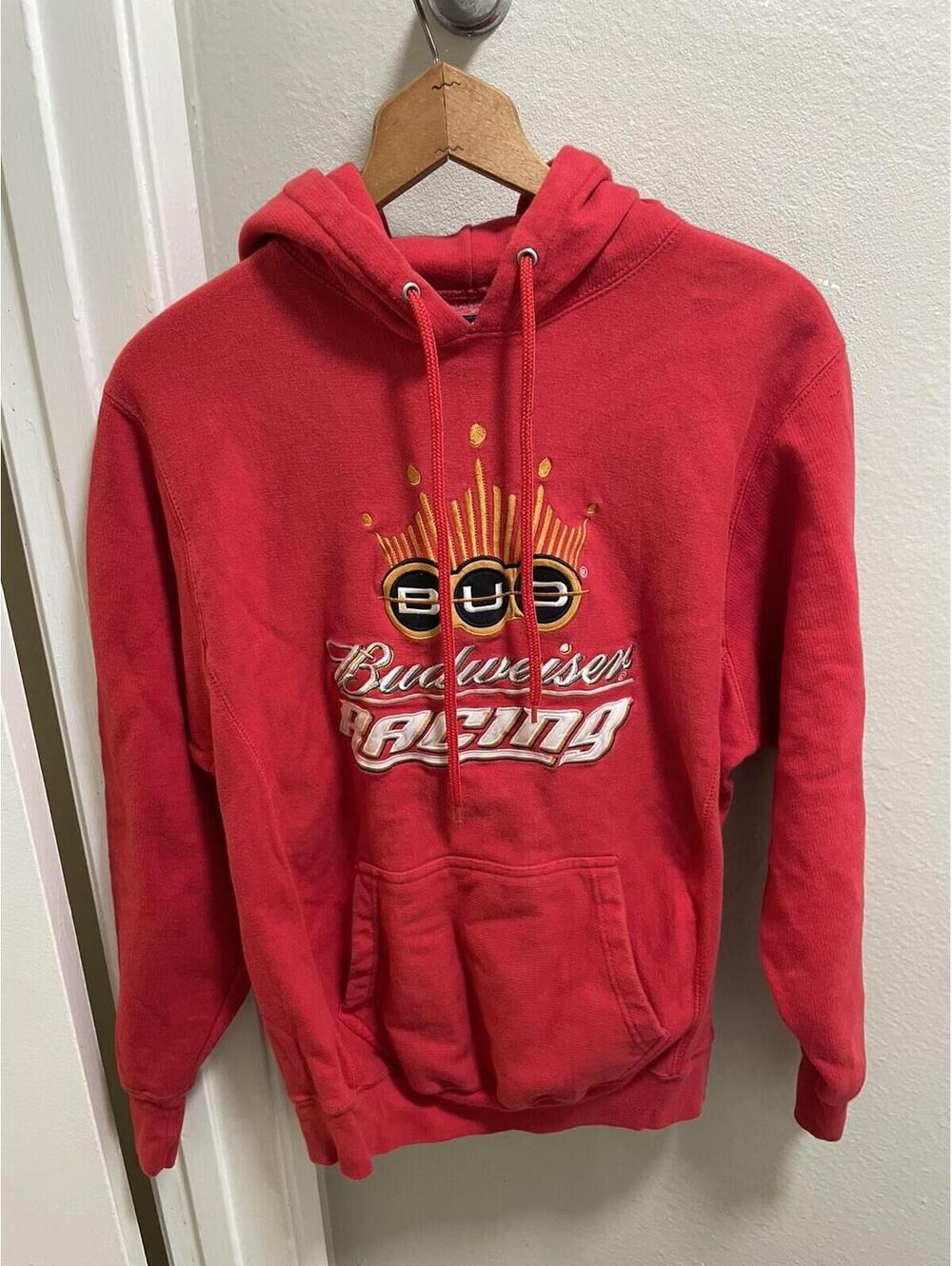 Vintage Budweiser Racing Hoodie Mens XS Red Embroidered